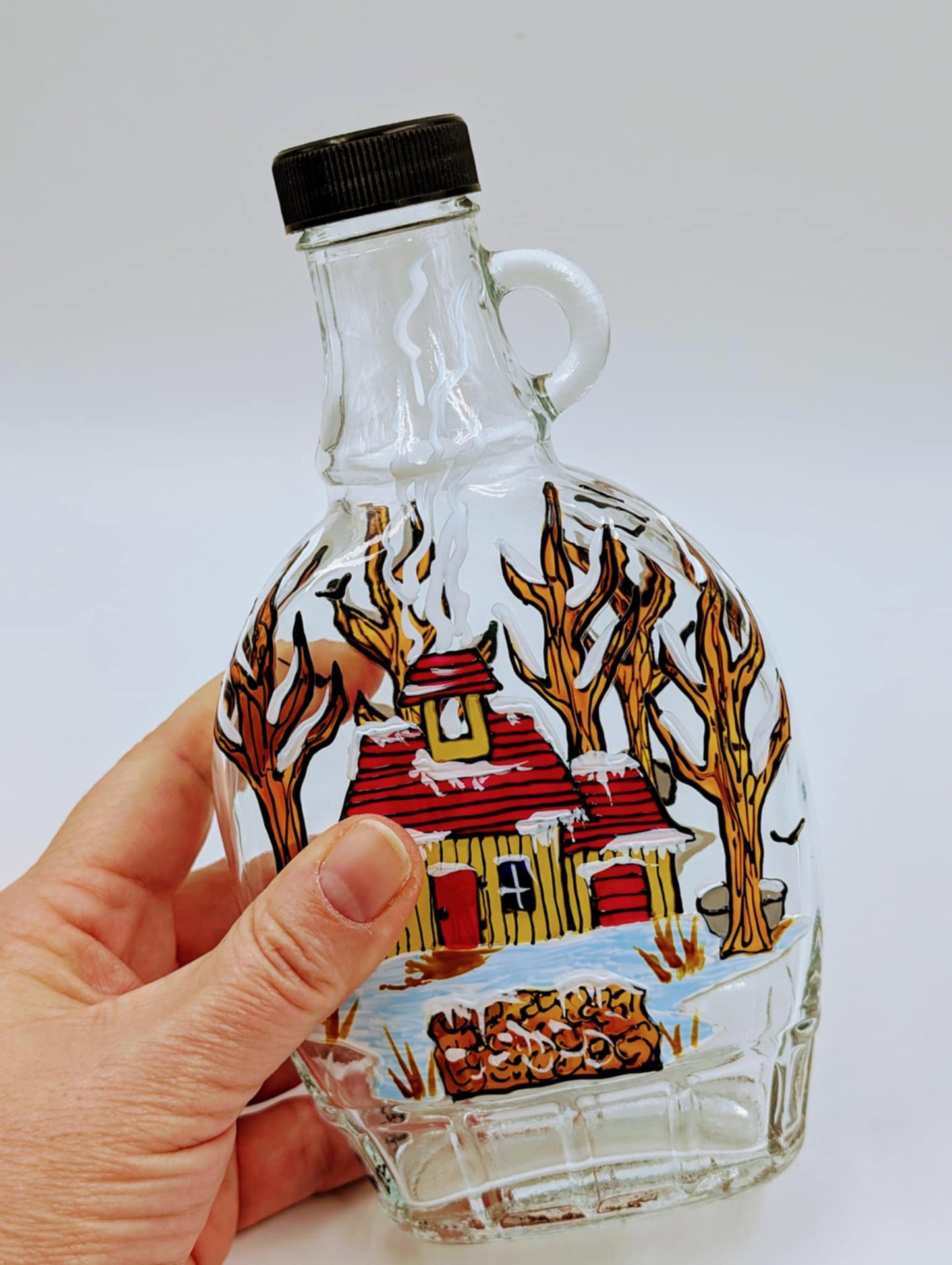 Bouteille sirop d'érable cabane jaune
