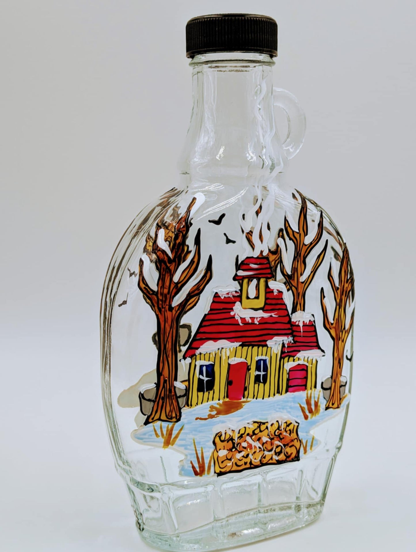 Bouteille sirop d'érable cabane jaune