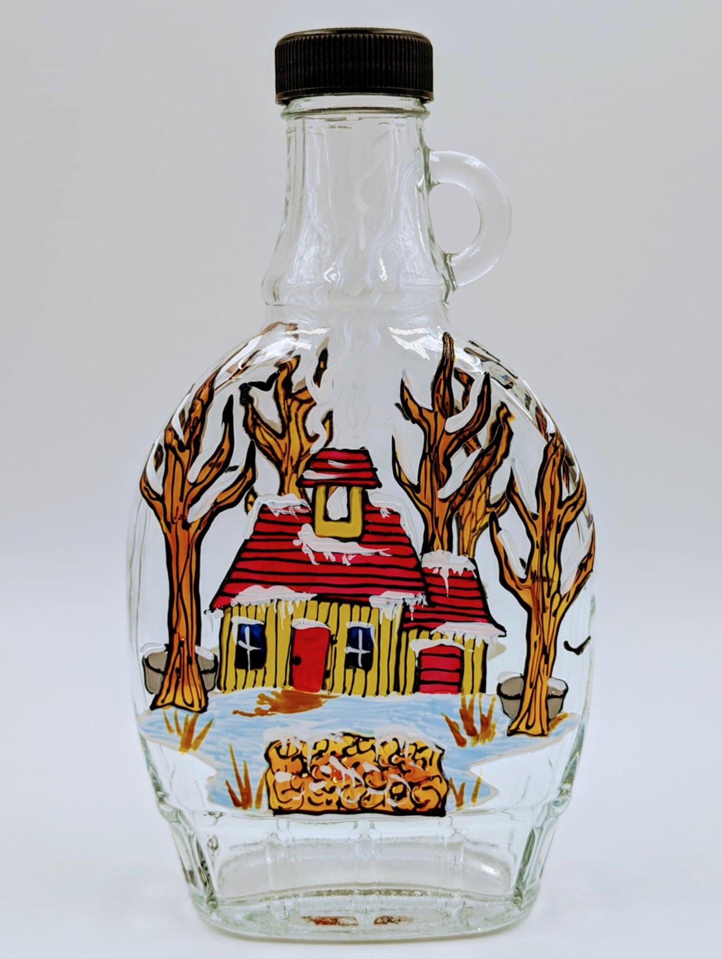 Bouteille sirop d'érable cabane jaune