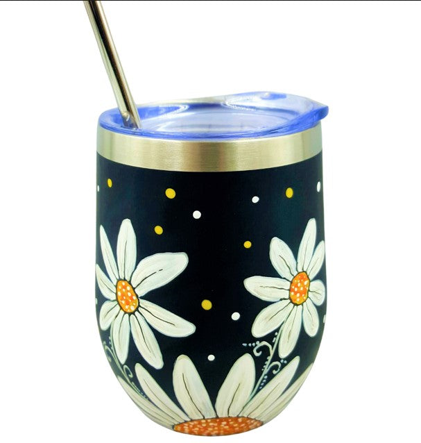 Gobelet isotherme marguerites blanches sur fond noir