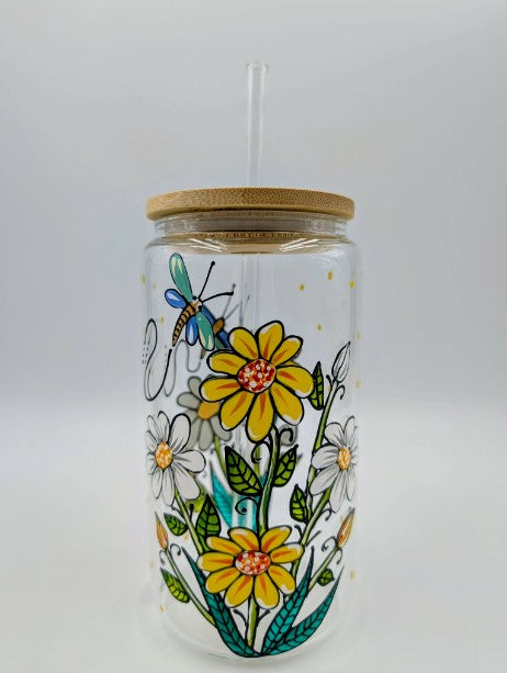 Verre canette Marguerites blanches et jaunes * prêt à partir * 16 onces (473 ml)