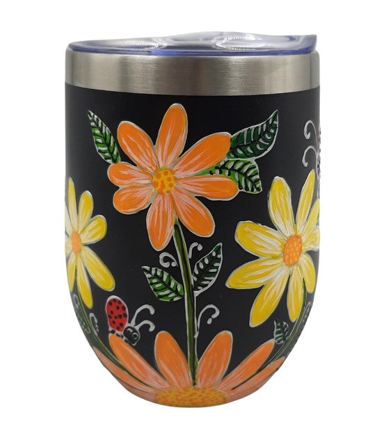 Gobelet isotherme marguerites jaunes et oranges sur fond noir