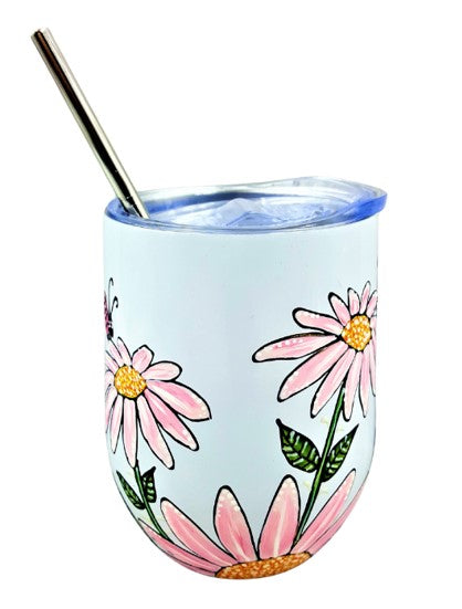 Gobelet isotherme blanc marguerites roses et coccinelles