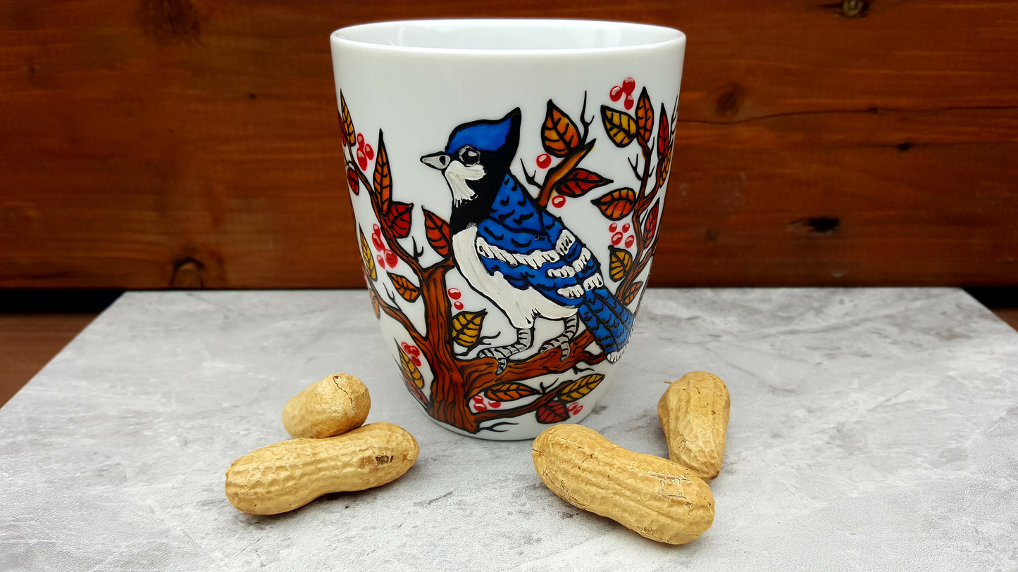 Tasse porcelaine geai bleu automne