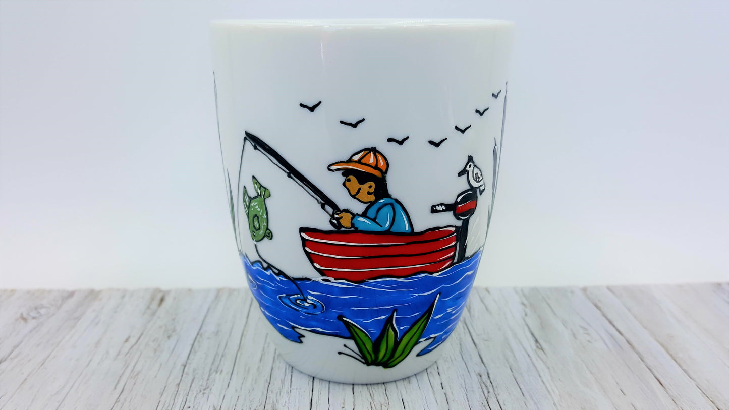 Tasse porcelaine pêcheur chaloupe rouge