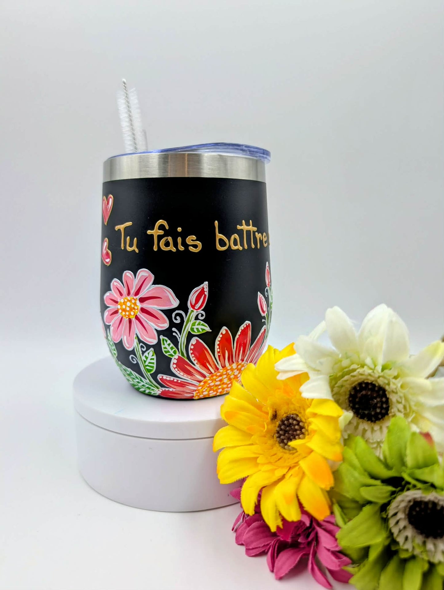 Gobelet isotherme fleurs roses, feuillages et coeurs * 12 onces / 355 ml