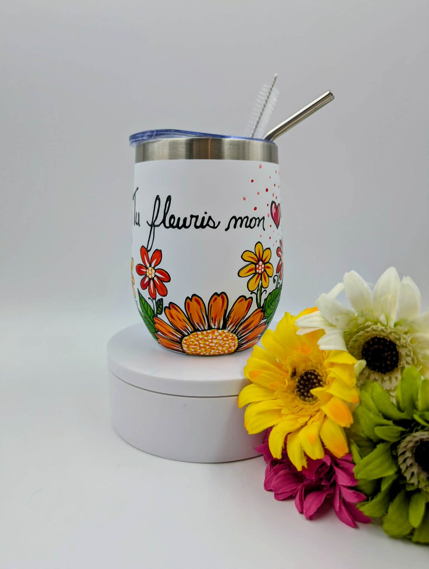 Gobelet isotherme Tu fleuris mon coeur, fleurs colorées jaunes et oranges * 12 onces / 355 ml