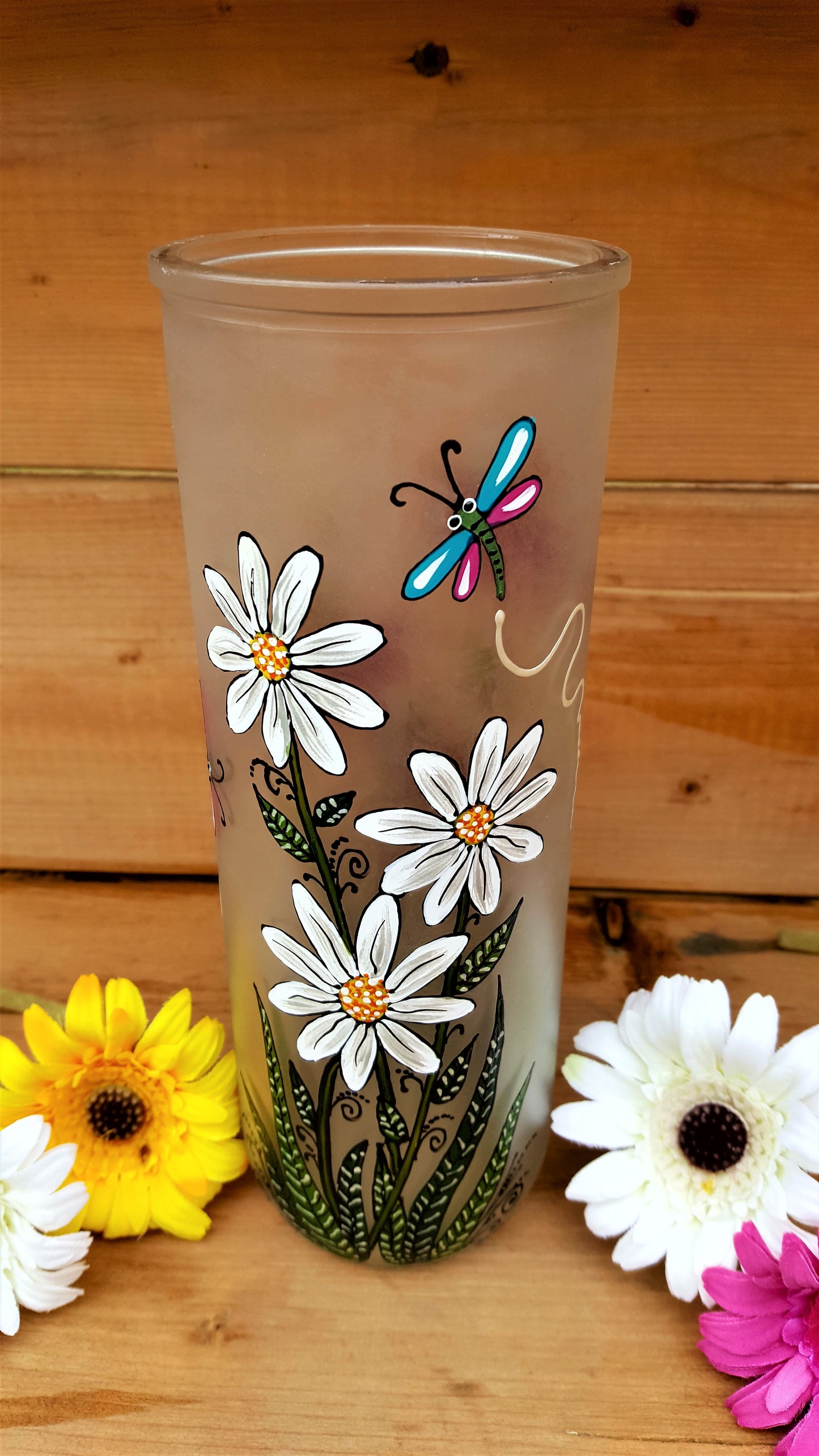 Vase à fleurs cylindre marguerites & échinacées