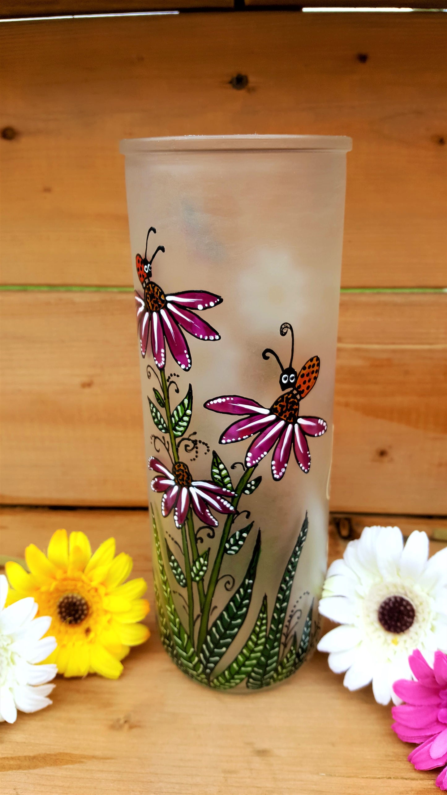 Vase à fleurs cylindre marguerites & échinacées