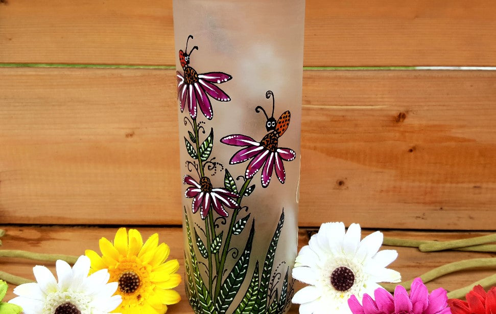Vase à fleurs cylindre marguerites & échinacées