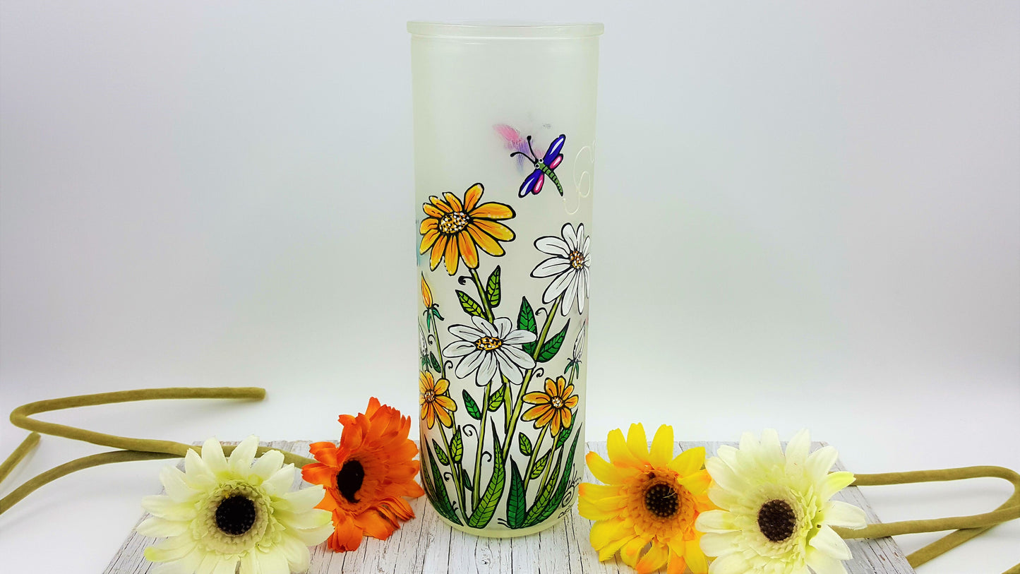 Vase à fleurs cylindre aux dessins de marguerites
