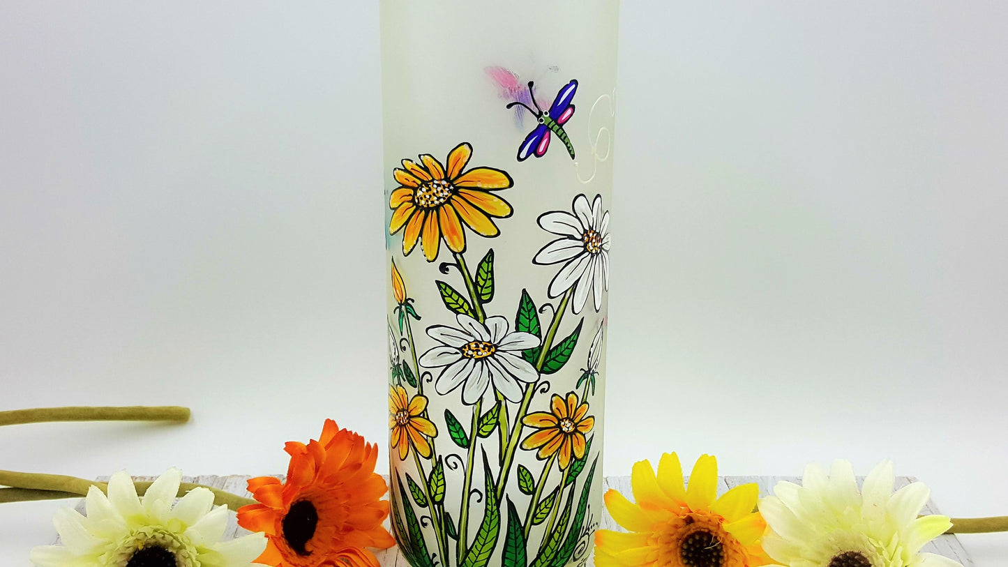 Vase à fleurs cylindre aux dessins de marguerites