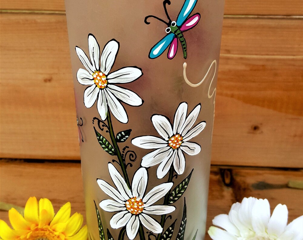 Vase à fleurs cylindre marguerites & échinacées