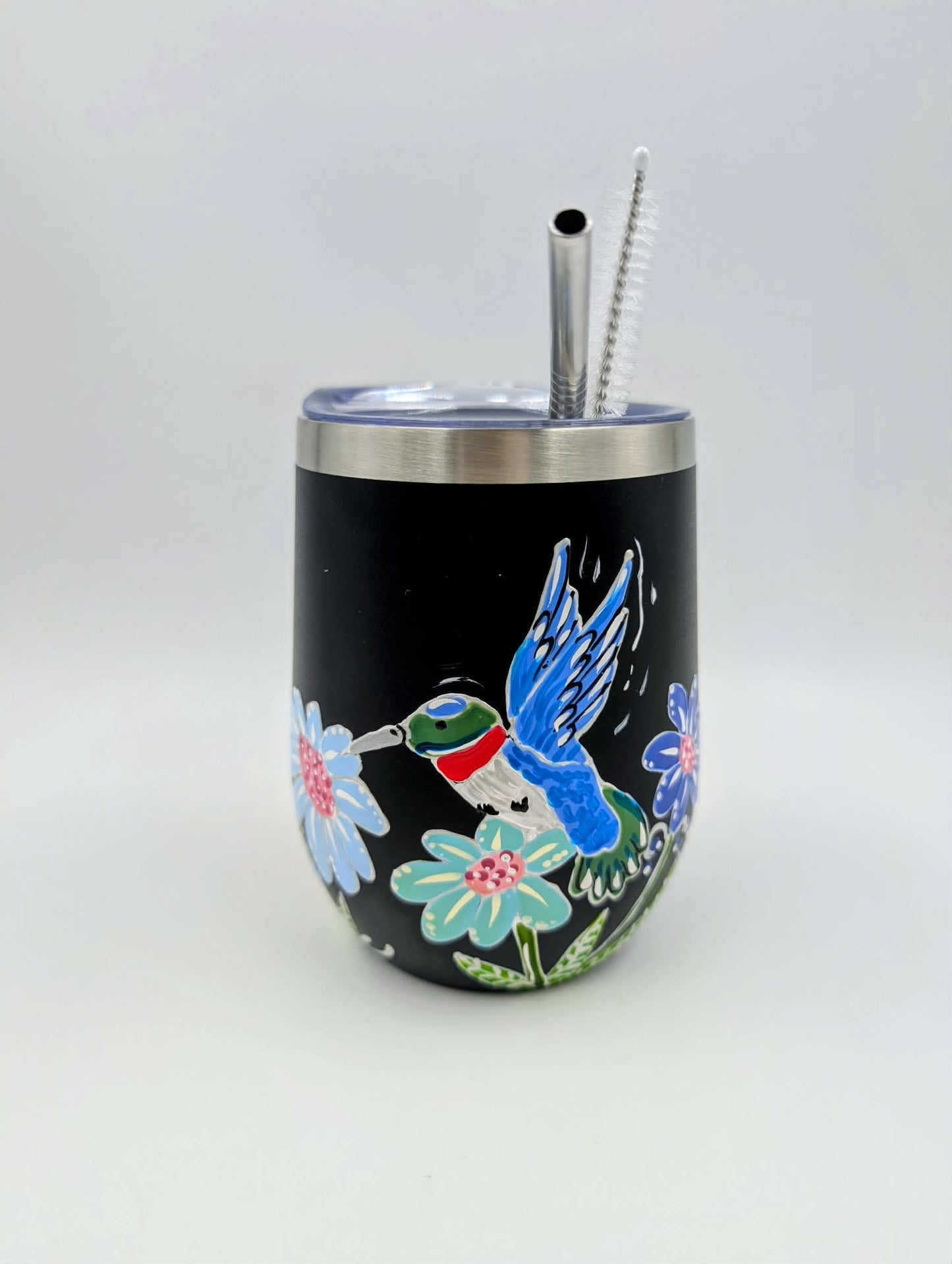 Gobelet isotherme noir Colibri et marguerites  ** Prêt à partir **