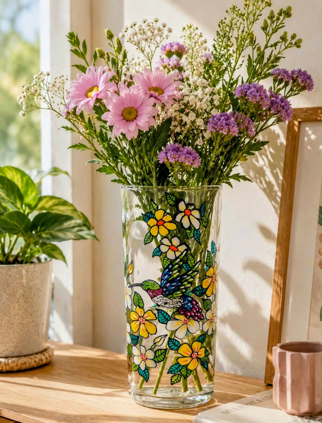 Vase à fleurs cylindre colibri & marguerites peint à la main