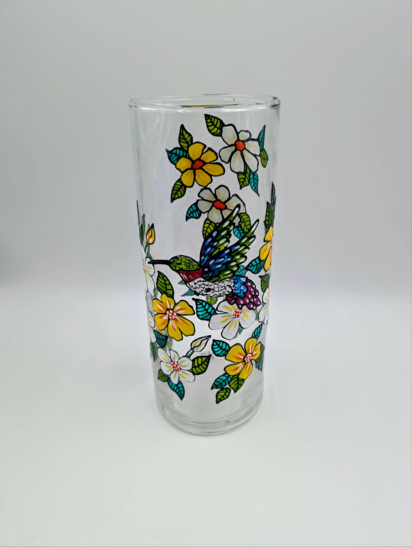 Vase à fleurs cylindre colibri & marguerites peint à la main