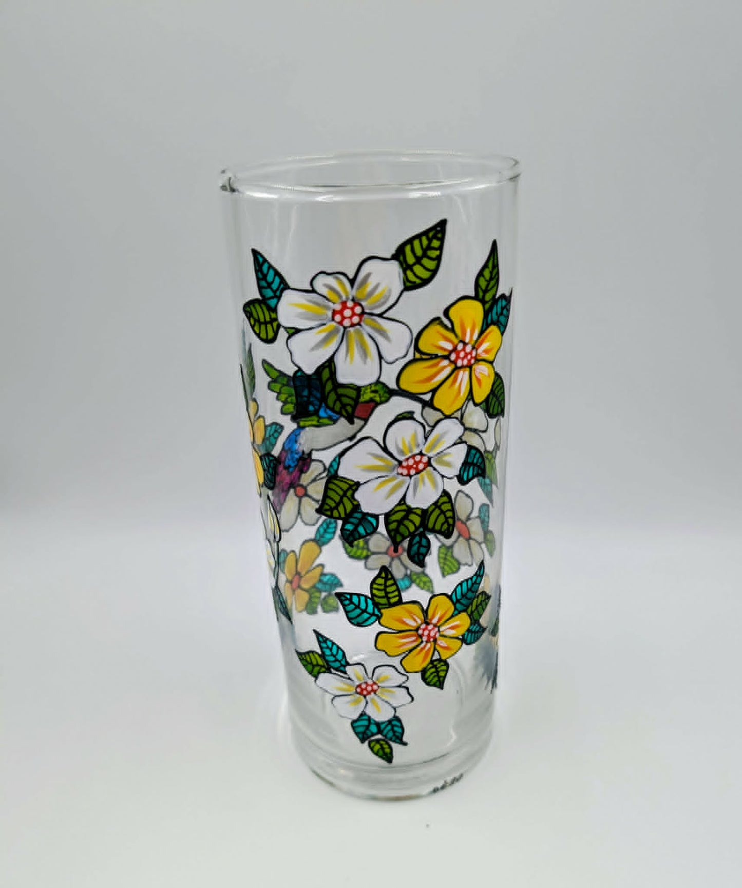 Vase à fleurs cylindre colibri & marguerites peint à la main