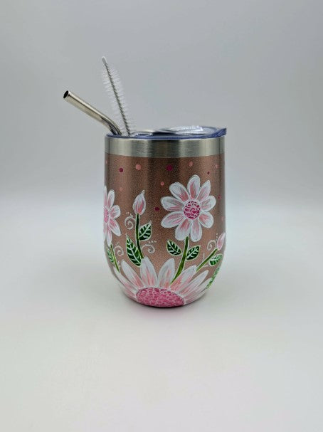 Gobelet isotherme rose marguerites blanches ** Prêt à partir **  12oz (355ml)