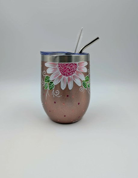 Gobelet isotherme rose marguerites blanches ** Prêt à partir **  12oz (355ml)