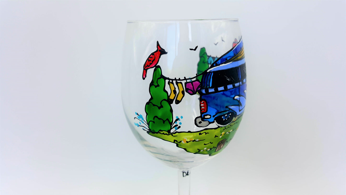 Coupe à vin camping car turquoise et mauve