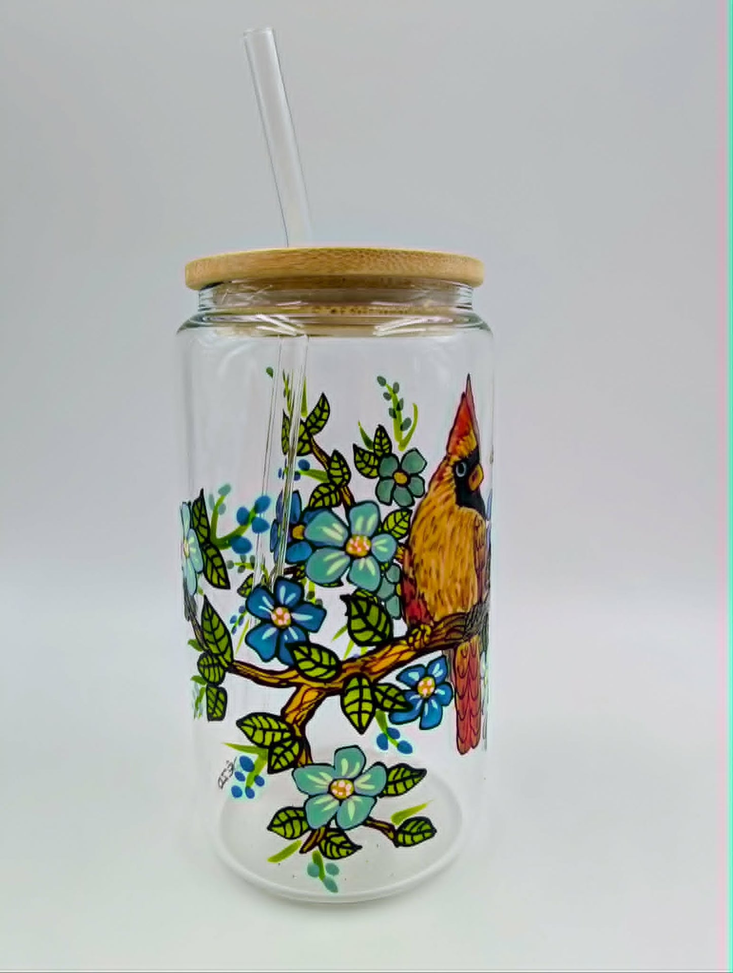 Verre canette couple de cardinaux & jolies fleurs - 16 oz (473 ml)