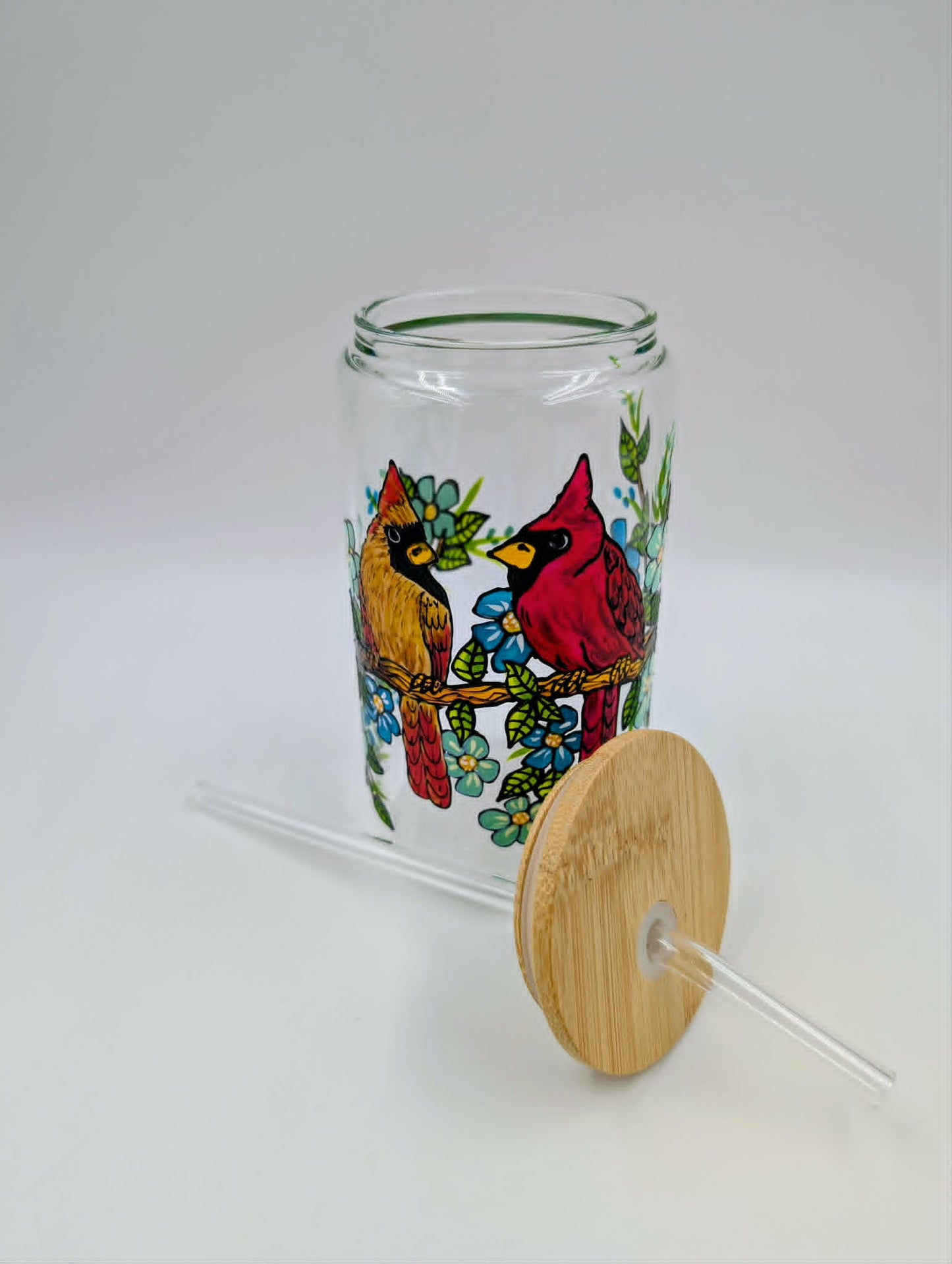 Verre canette couple de cardinaux & jolies fleurs - 16 oz (473 ml)