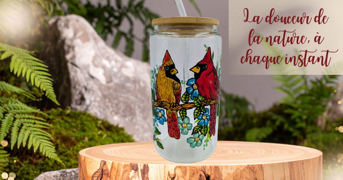 Verre canette couple de cardinaux & jolies fleurs - 16 oz (473 ml)