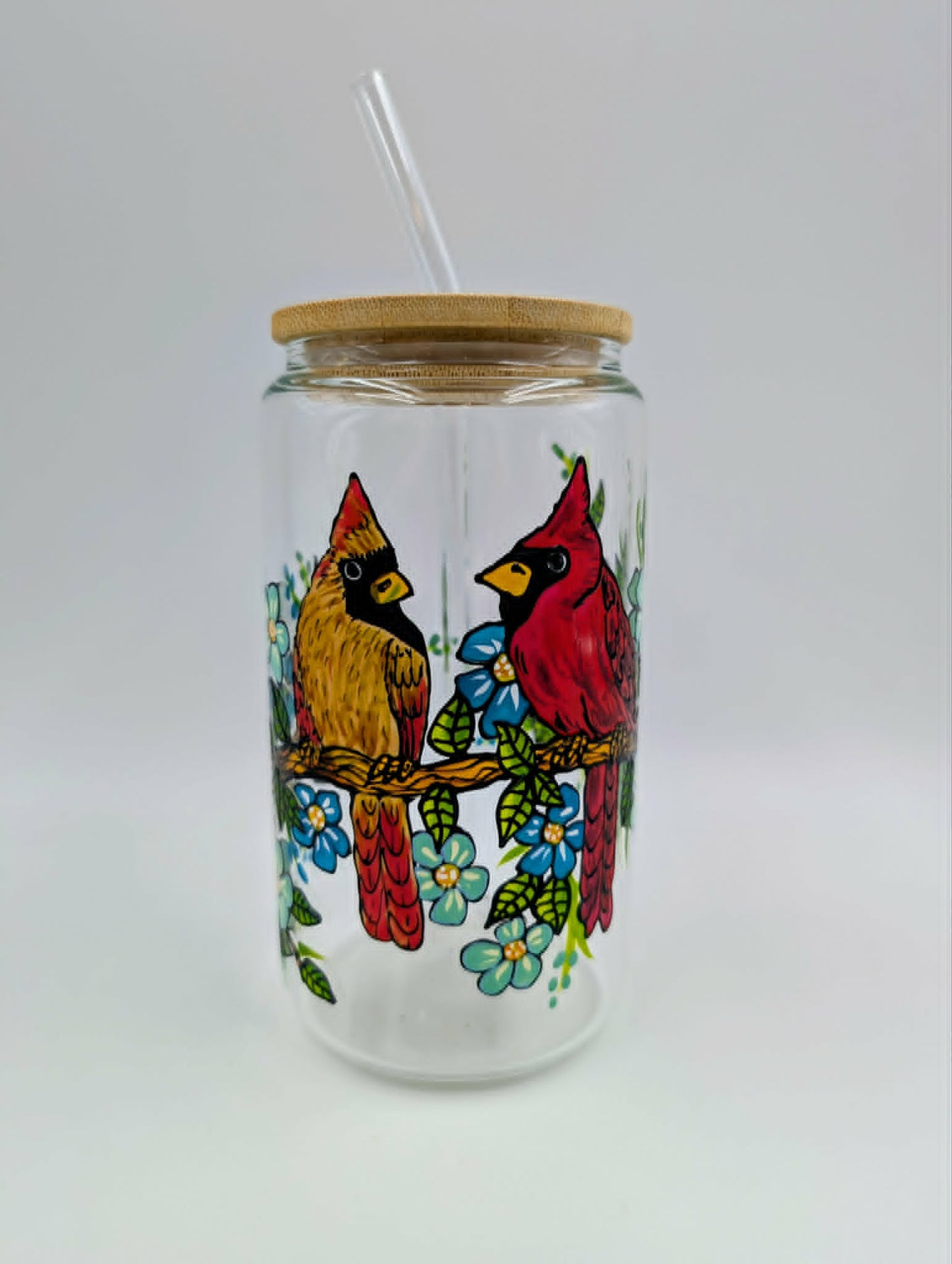 Verre canette couple de cardinaux & jolies fleurs - 16 oz (473 ml)