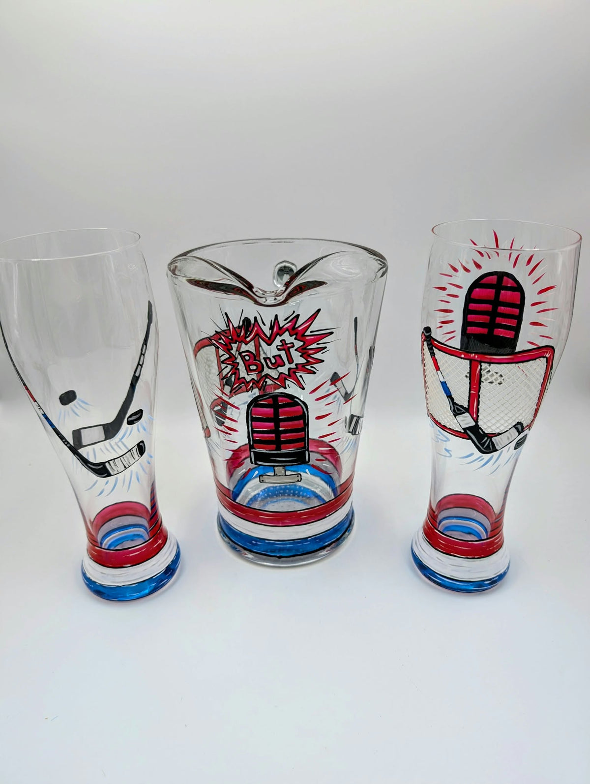 Ensemble pichet et 2 verres à bière hockey, dessins de filet et bâtons de hockey, cadeau fan hockey,  peints à la main