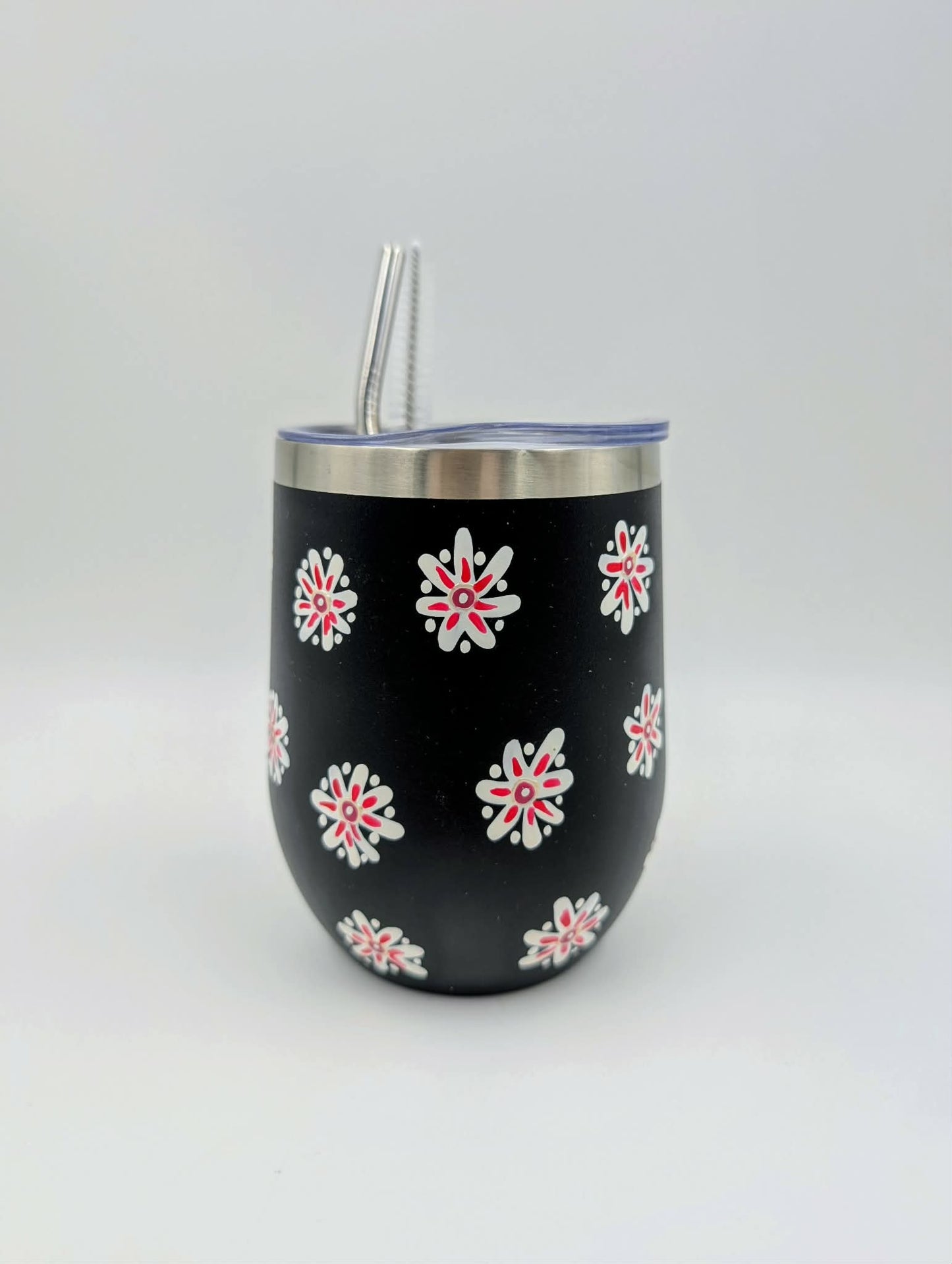 Gobelet isotherme noir aux fleurs blanches et roses  ** Prêt à partir **