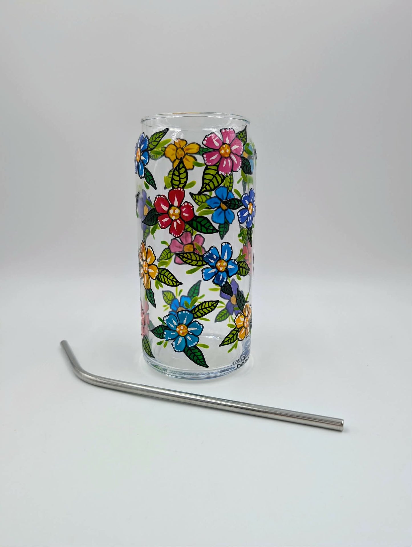 Verre canette fleurs multicolores -- SANS couvercle --  ** Prêt à partir **