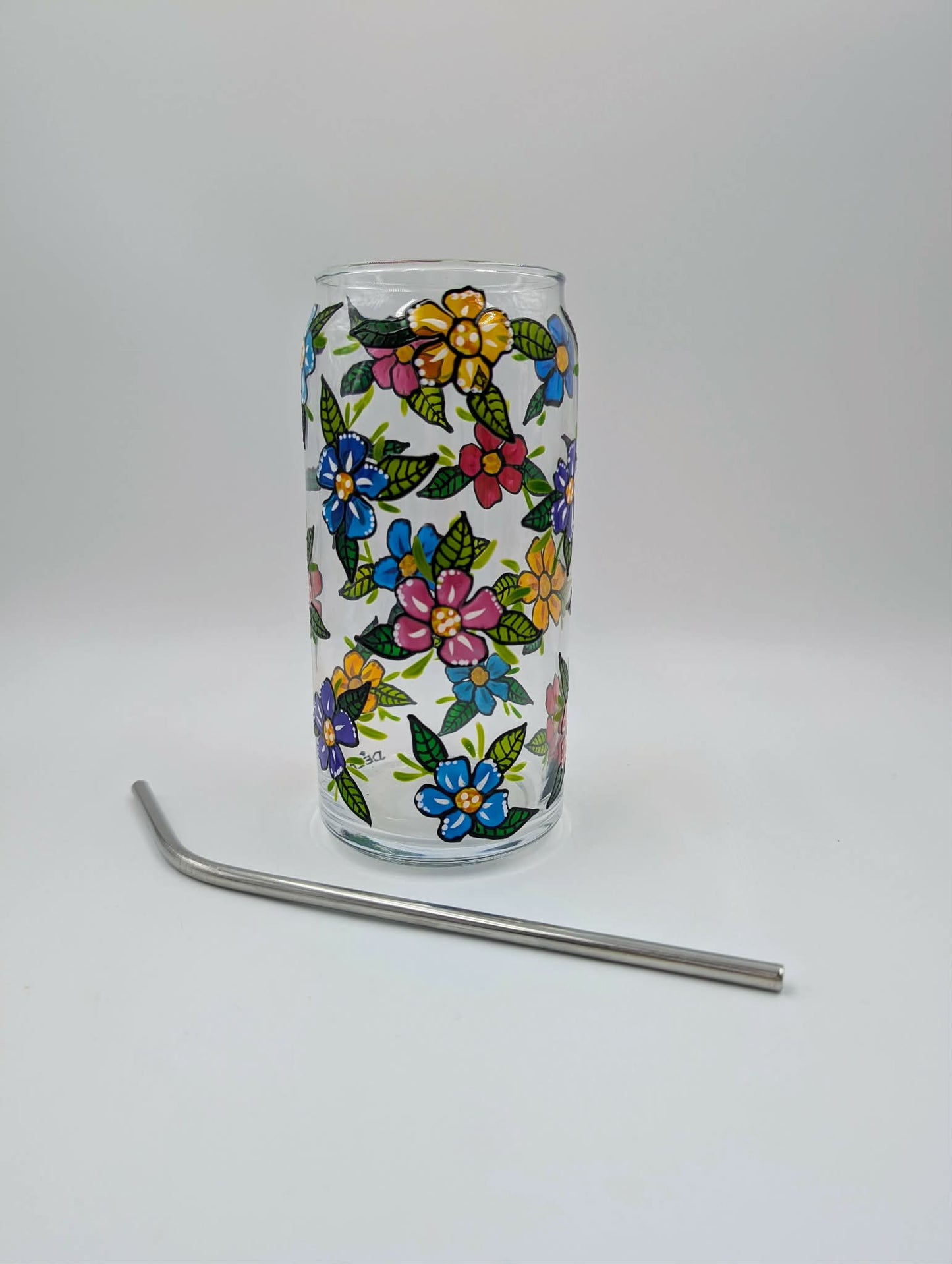 Verre canette fleurs multicolores -- SANS couvercle --  ** Prêt à partir **