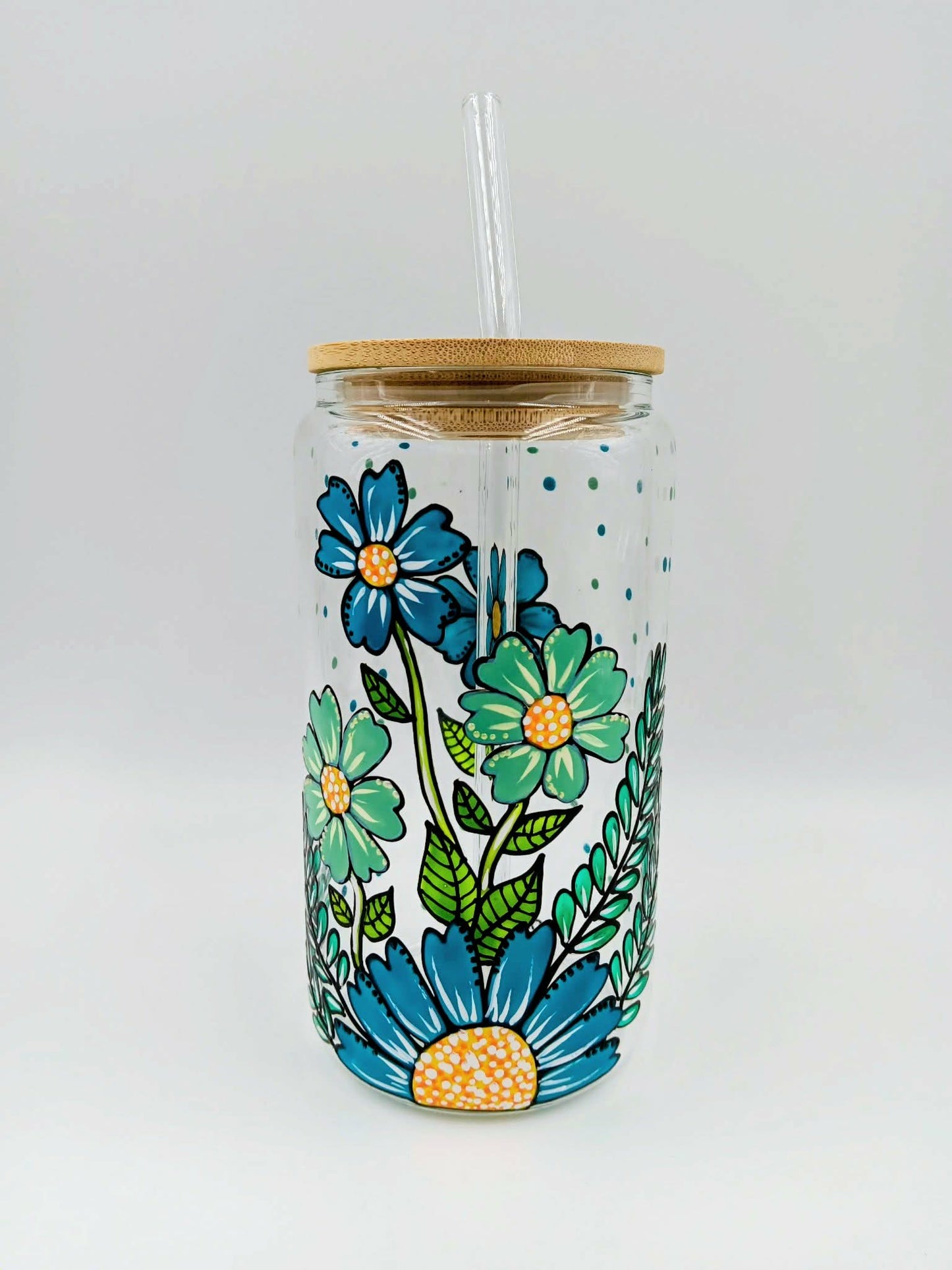 Verre canette marguerites couleur aqua et turquoise, verre 16 onces