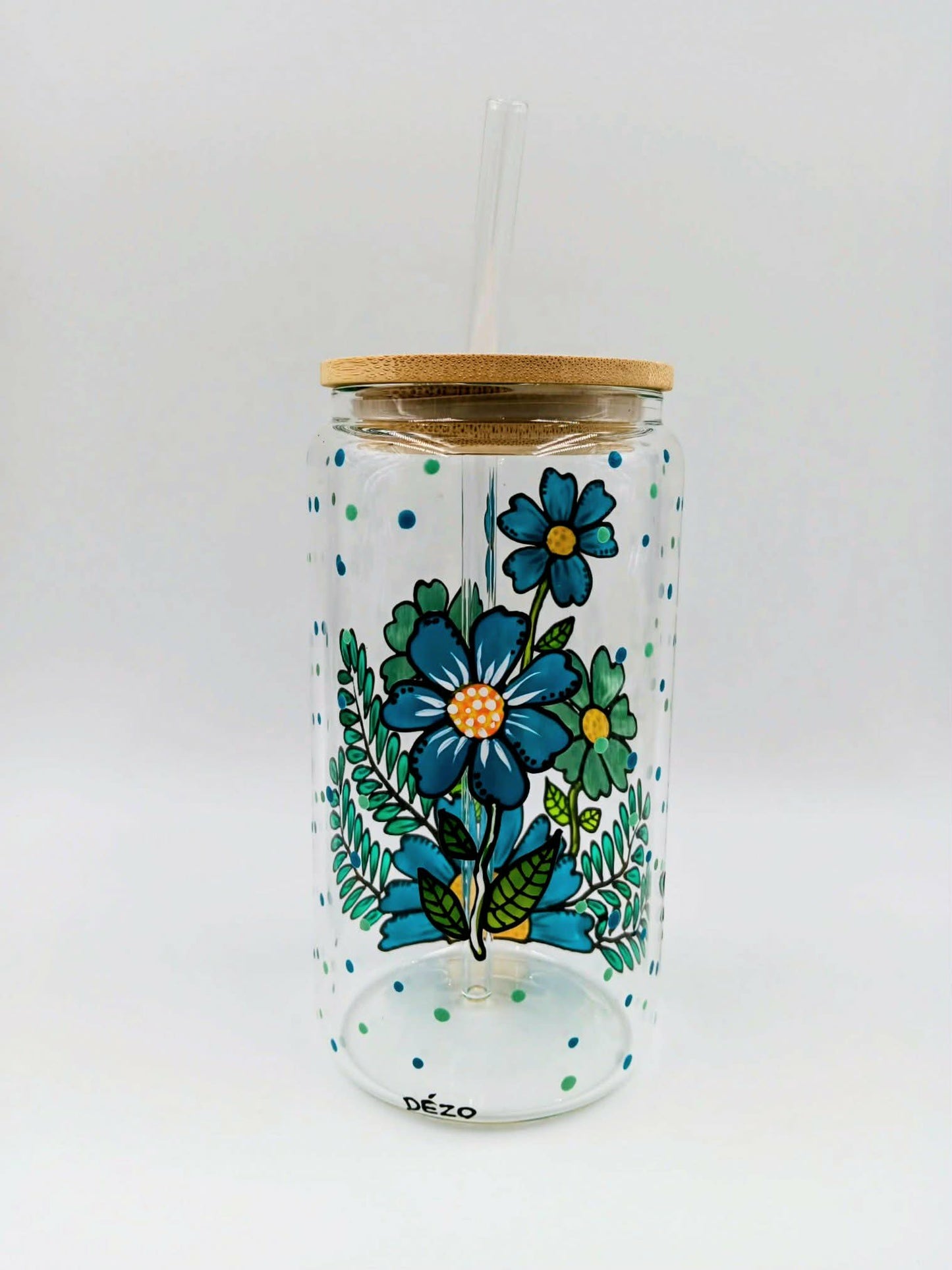 Verre canette marguerites couleur aqua et turquoise, verre 16 onces