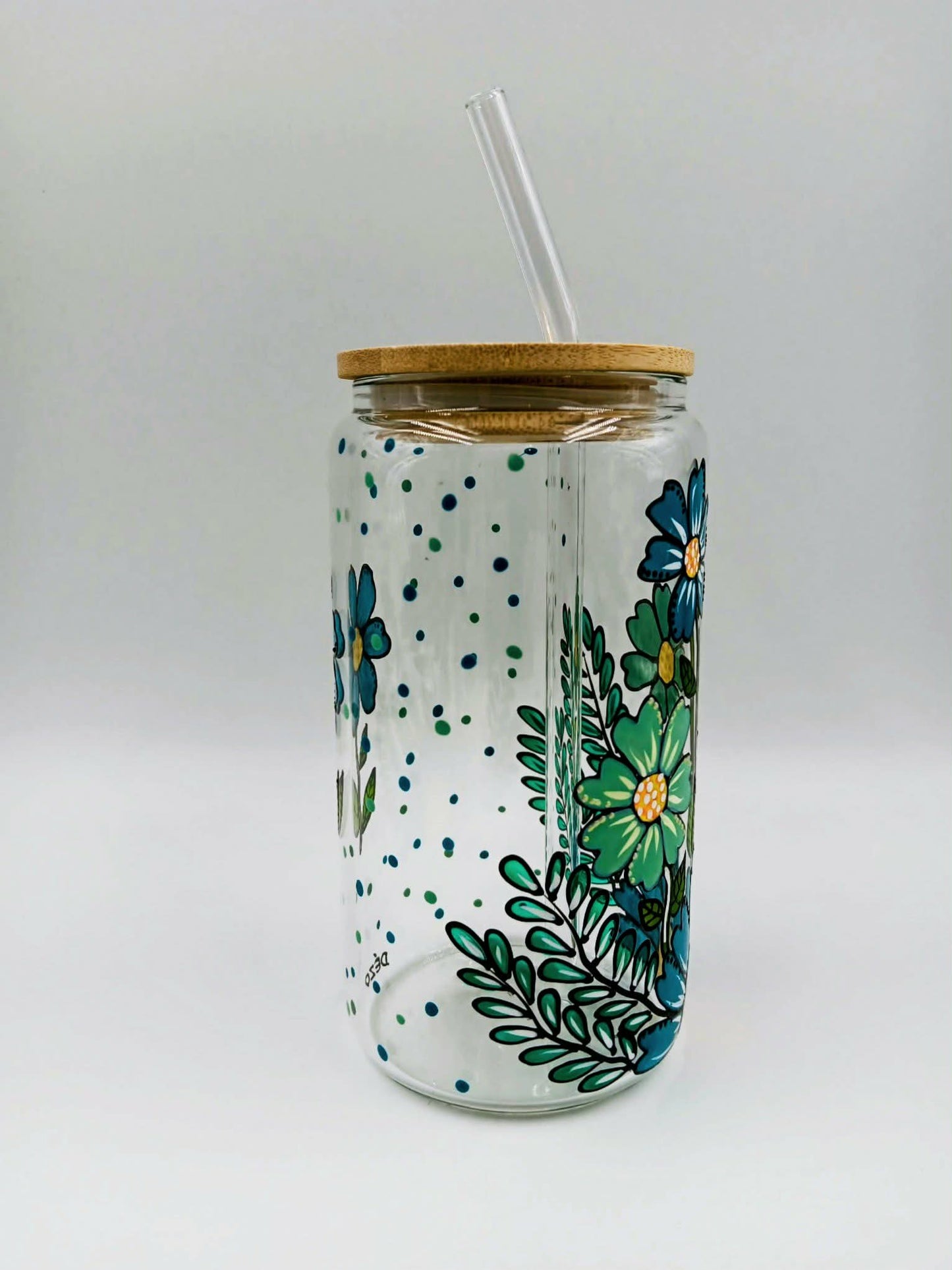 Verre canette marguerites couleur aqua et turquoise, verre 16 onces