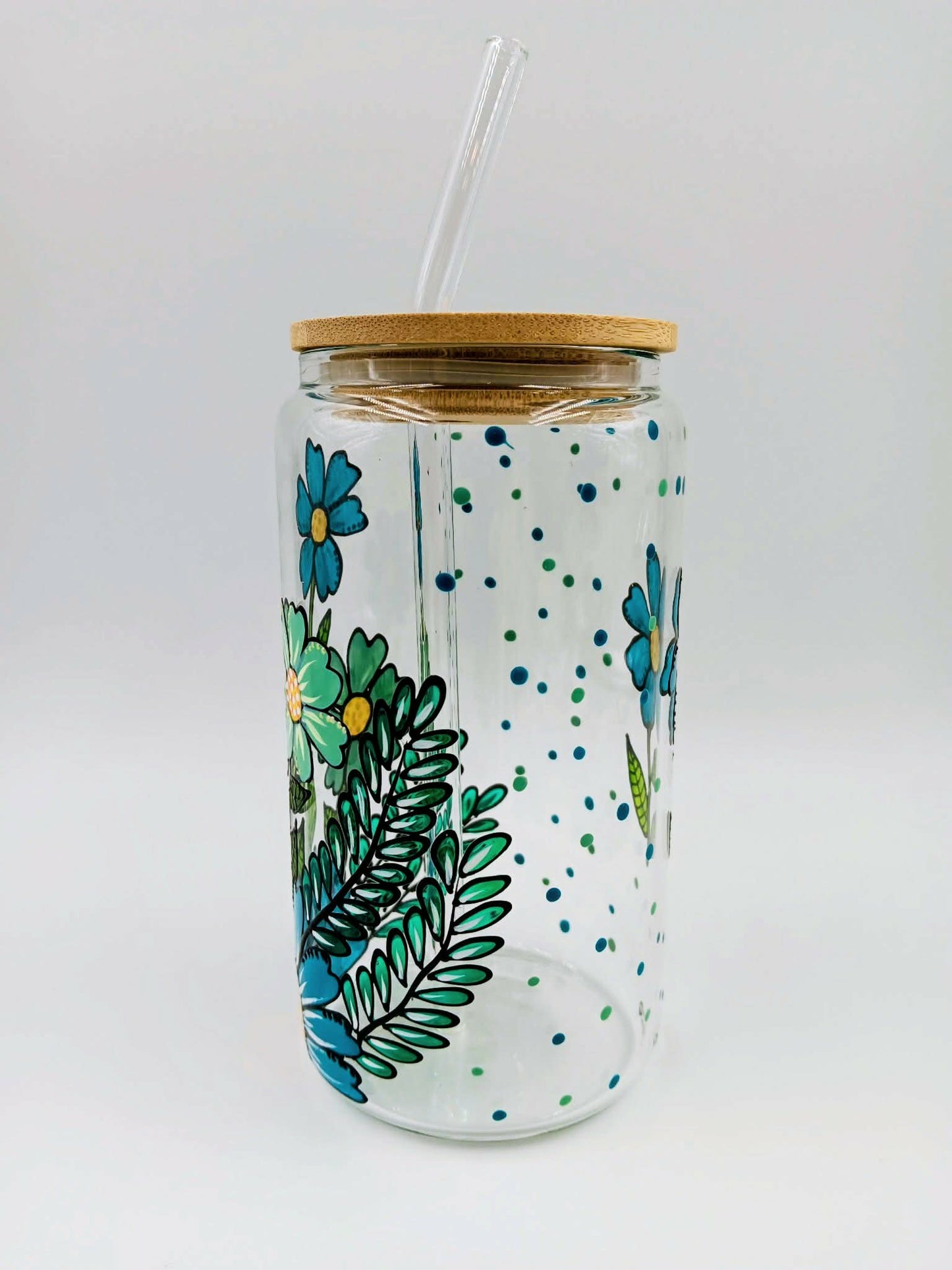 Verre canette marguerites couleur aqua et turquoise, verre 16 onces