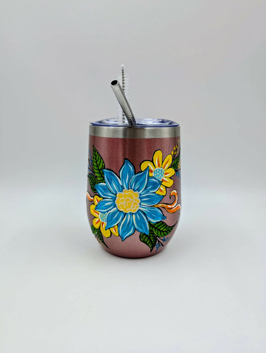 Gobelet isotherme Fleur turquoise et jaunes ** Prêt à partir ** 12 onces