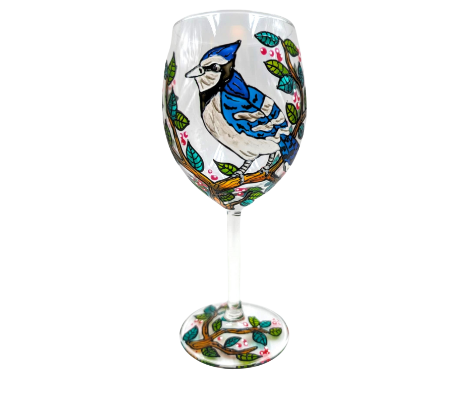 Coupe à vin geai bleu décor été