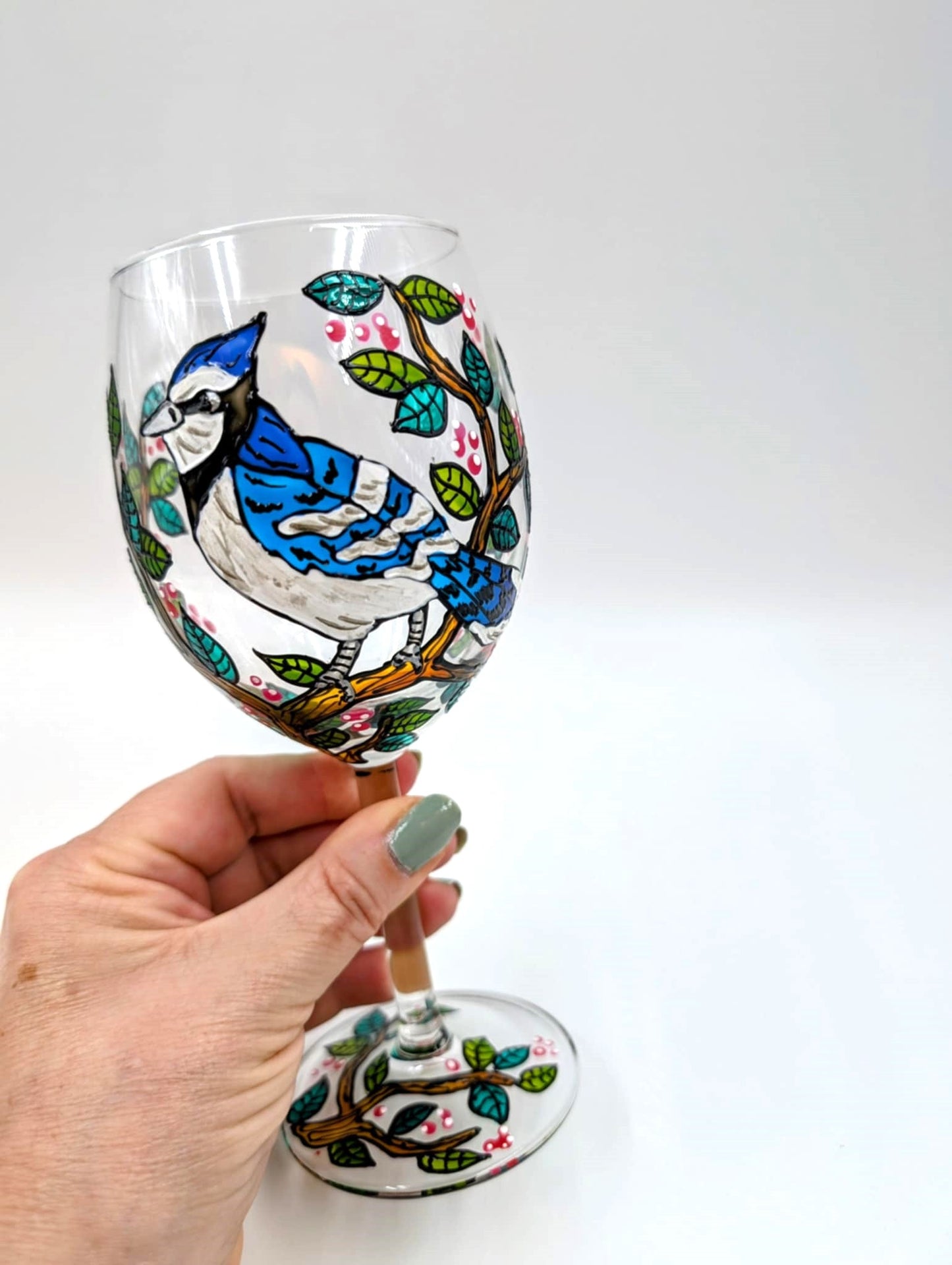 Coupe à vin geai bleu décor été