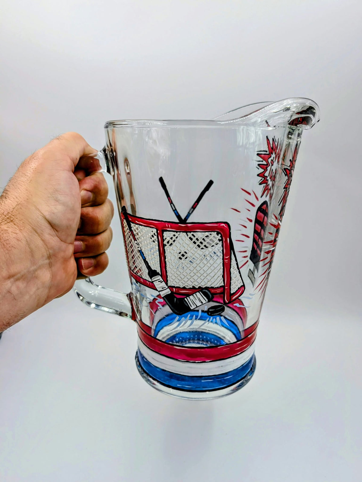 Ensemble pichet et 2 verres à bière hockey, dessins de filet et bâtons de hockey, cadeau fan hockey,  peints à la main