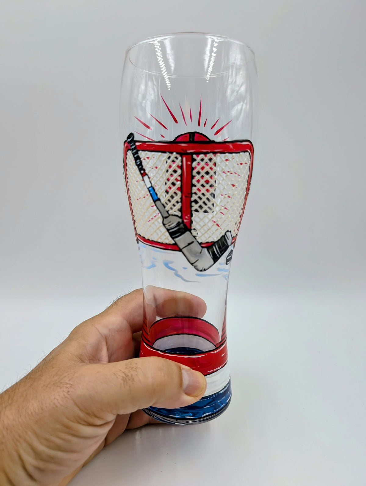 Verre à bière avec filet de hockey, version gardien de but, 20 onces, cadeau fan de hockey, peint à la main