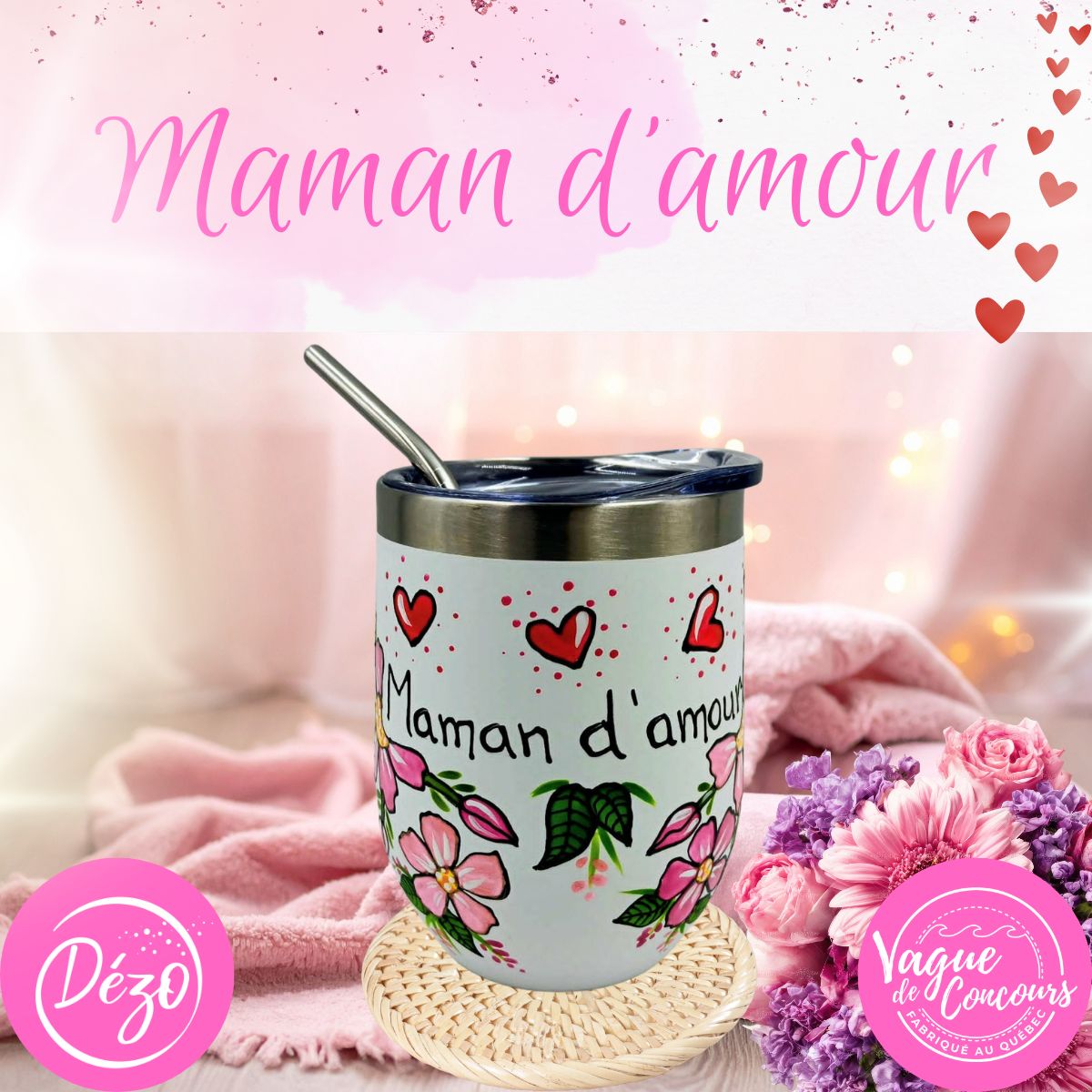 Gobelet isotherme blanc Maman d'amour personnalisable aux prénoms de votre famille - 12 onces (355ml)