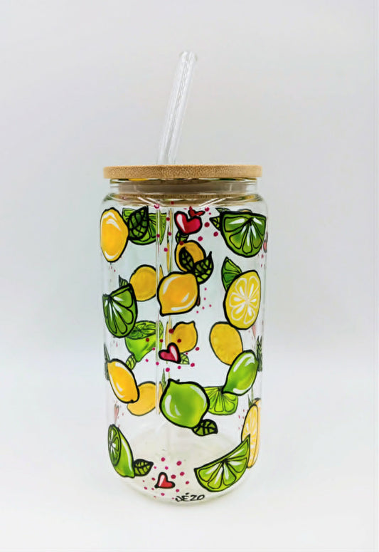 Verre canette limes citrons et coeurs, verre 16 onces (473 ml)