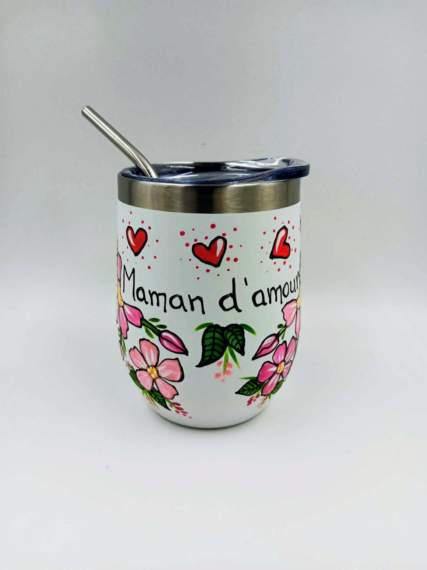 Gobelet isotherme blanc Maman d'amour personnalisable aux prénoms de votre famille - 12 onces (355ml)
