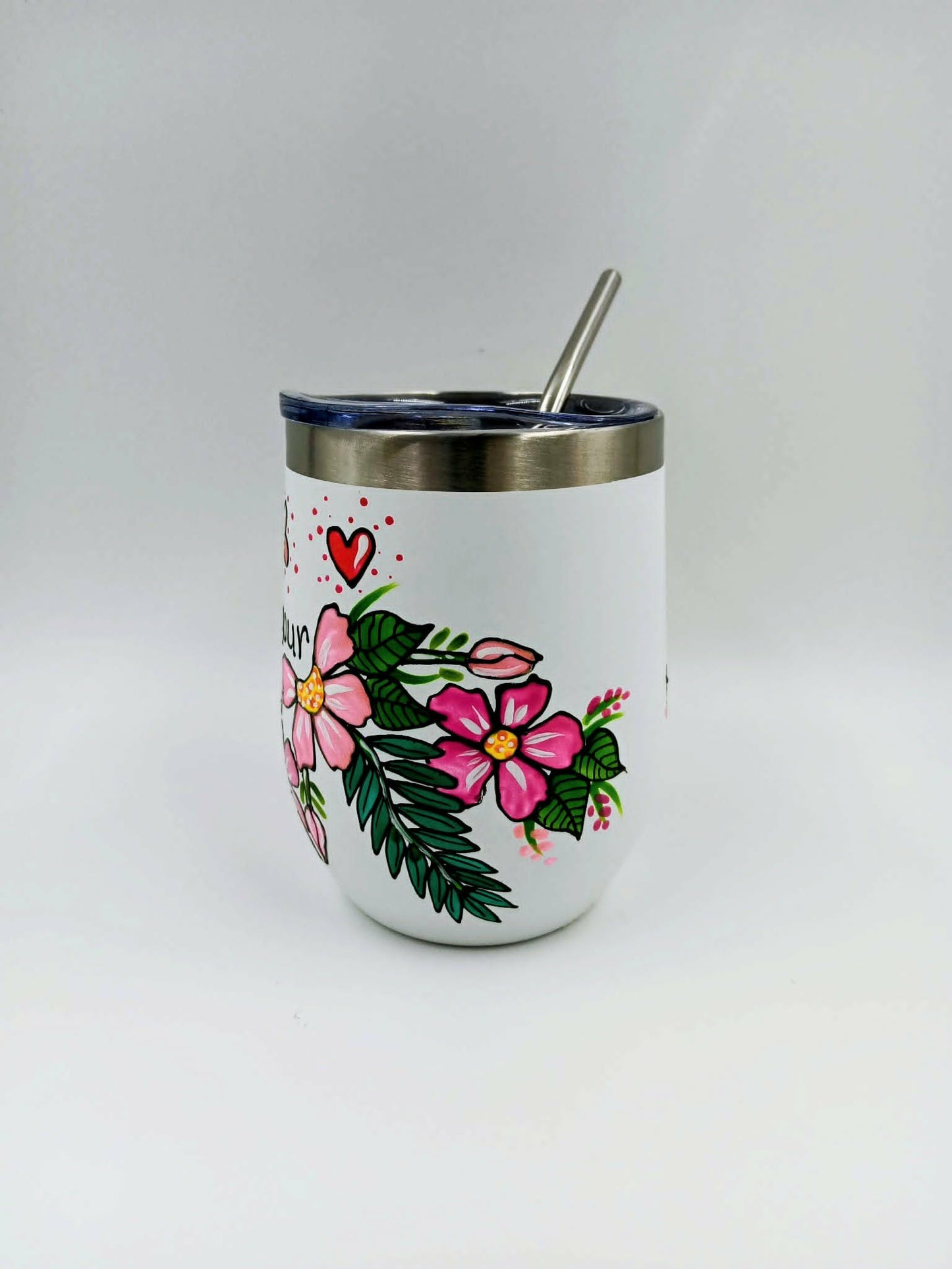 Gobelet isotherme blanc Maman d'amour personnalisable aux prénoms de votre famille - 12 onces (355ml)