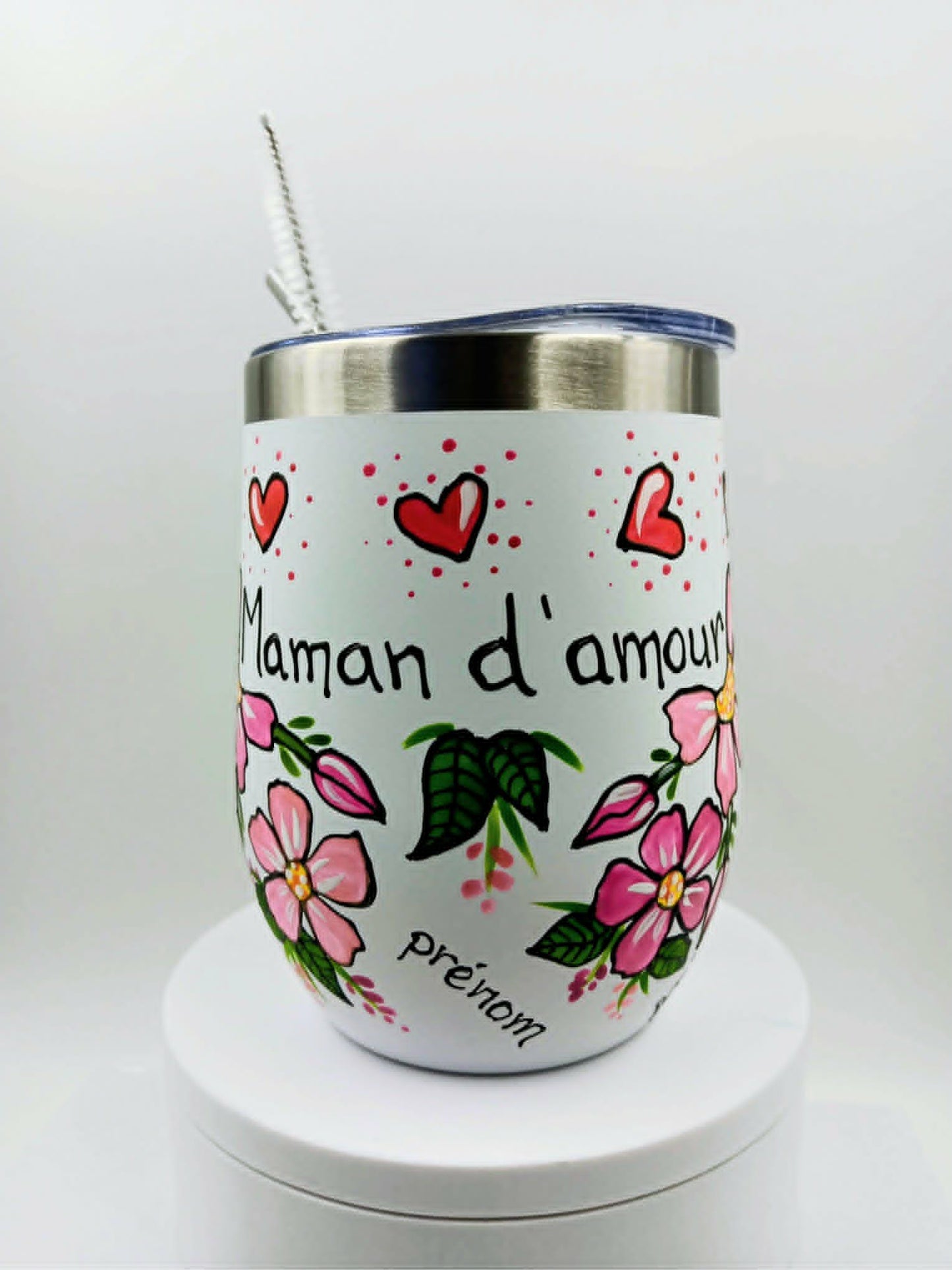 Gobelet isotherme blanc Maman d'amour personnalisable aux prénoms de votre famille - 12 onces (355ml)