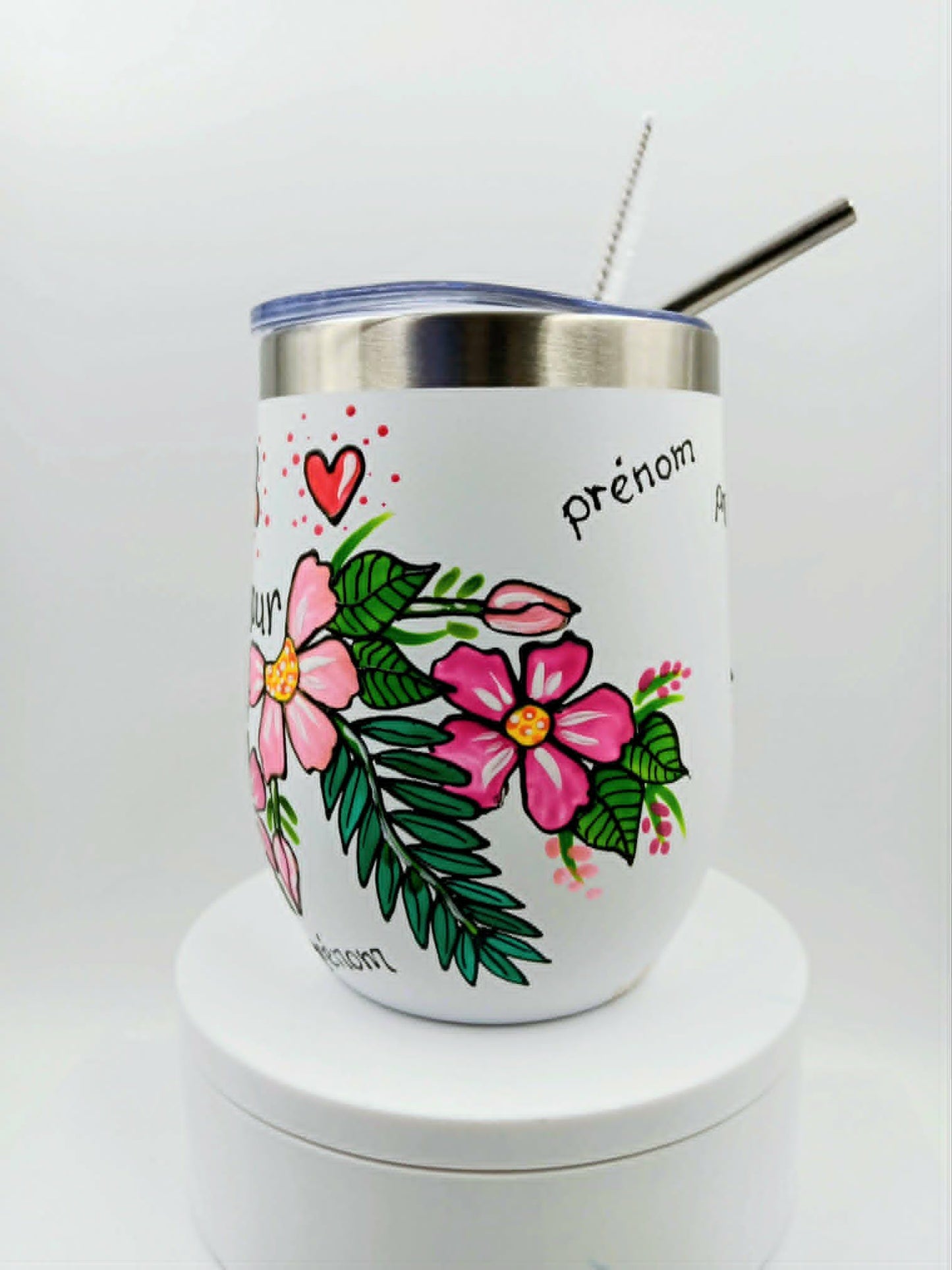 Gobelet isotherme blanc Maman d'amour personnalisable aux prénoms de votre famille - 12 onces (355ml)