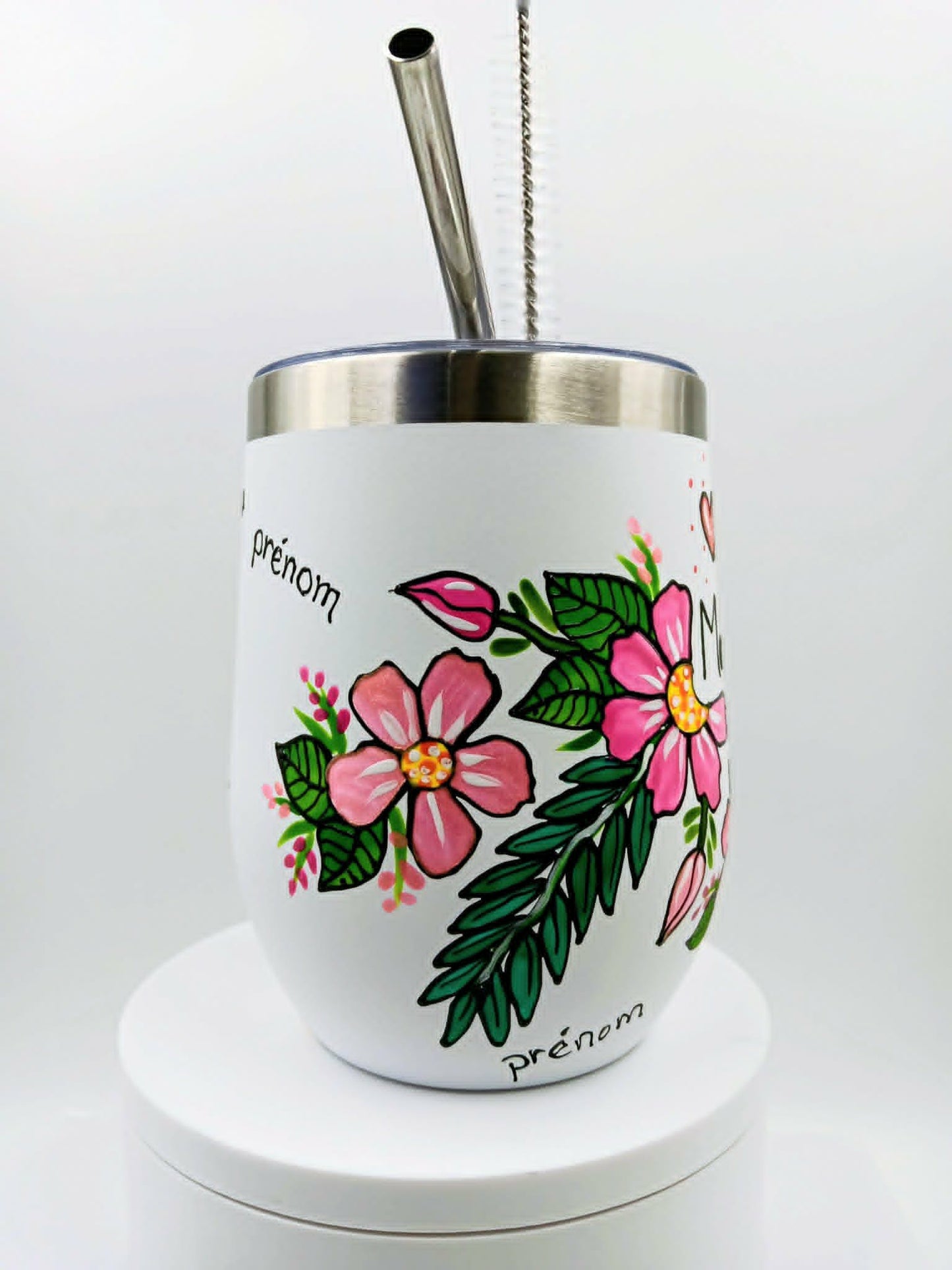Gobelet isotherme blanc Maman d'amour personnalisable aux prénoms de votre famille - 12 onces (355ml)