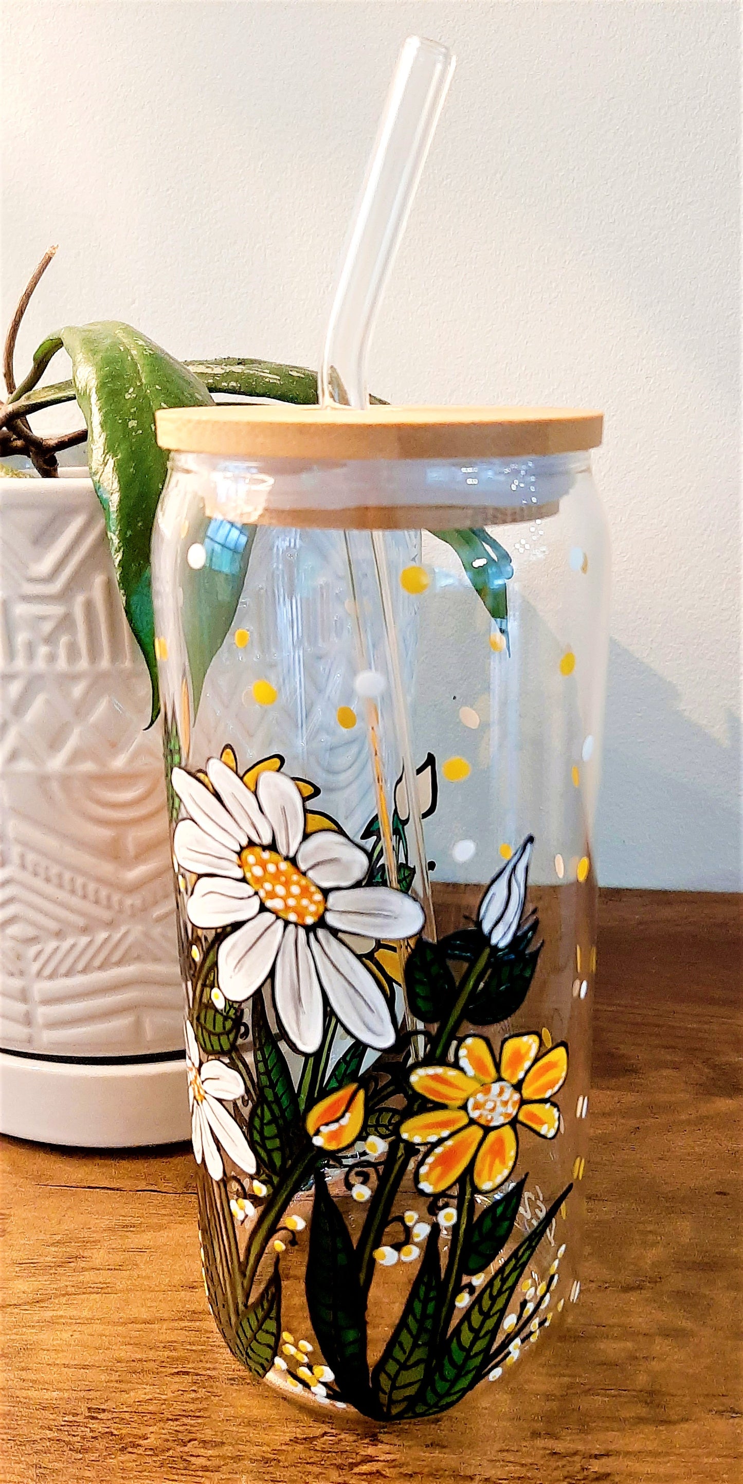 Verre canette marguerites blanches et jaunes