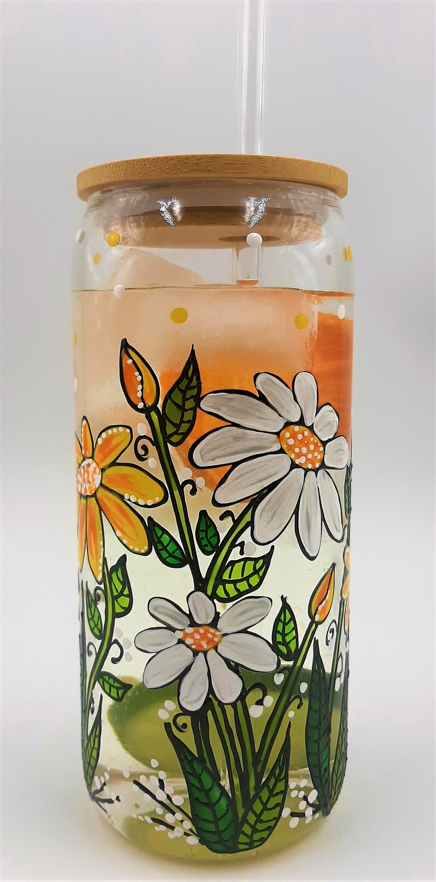 Verre canette marguerites blanches et jaunes